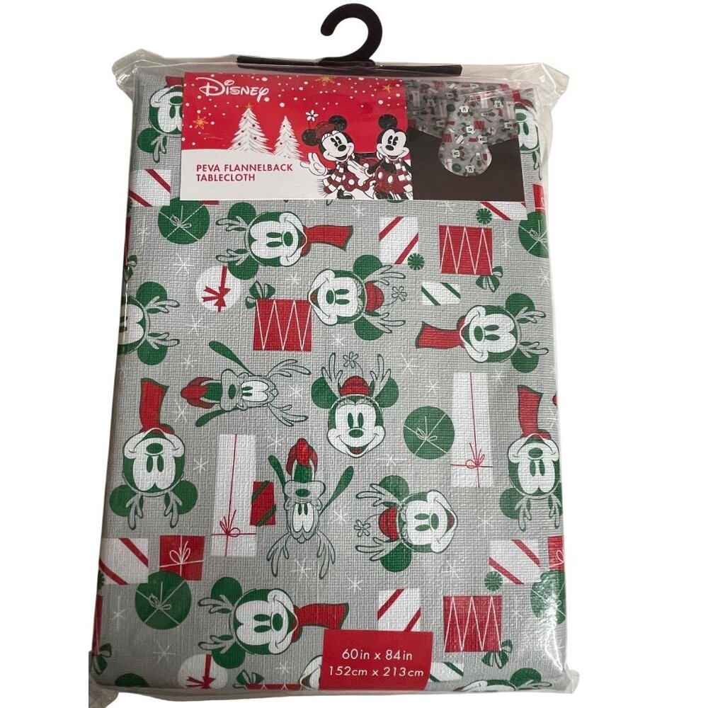 Disney Peva Flannelback Tablecloth With Mickey & Minnie Holiday Design 60" X 84"